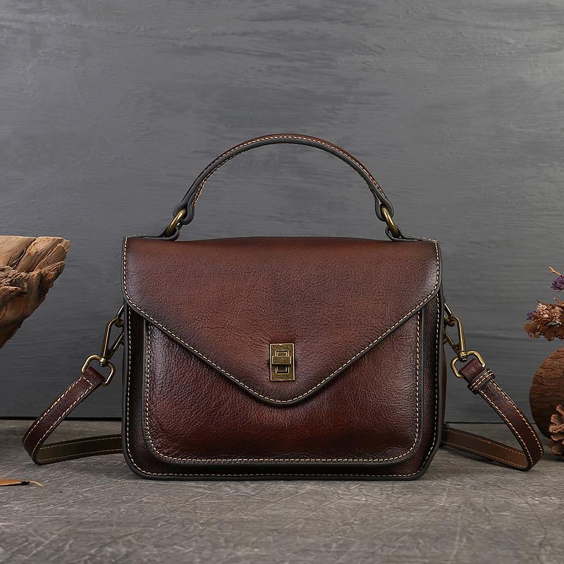 2025 Vintage Cowhide Leather Tote Bags Lady Square Top Handle Bag High Quality Designer Messenger Bag Shoulder Crossbody Bag
