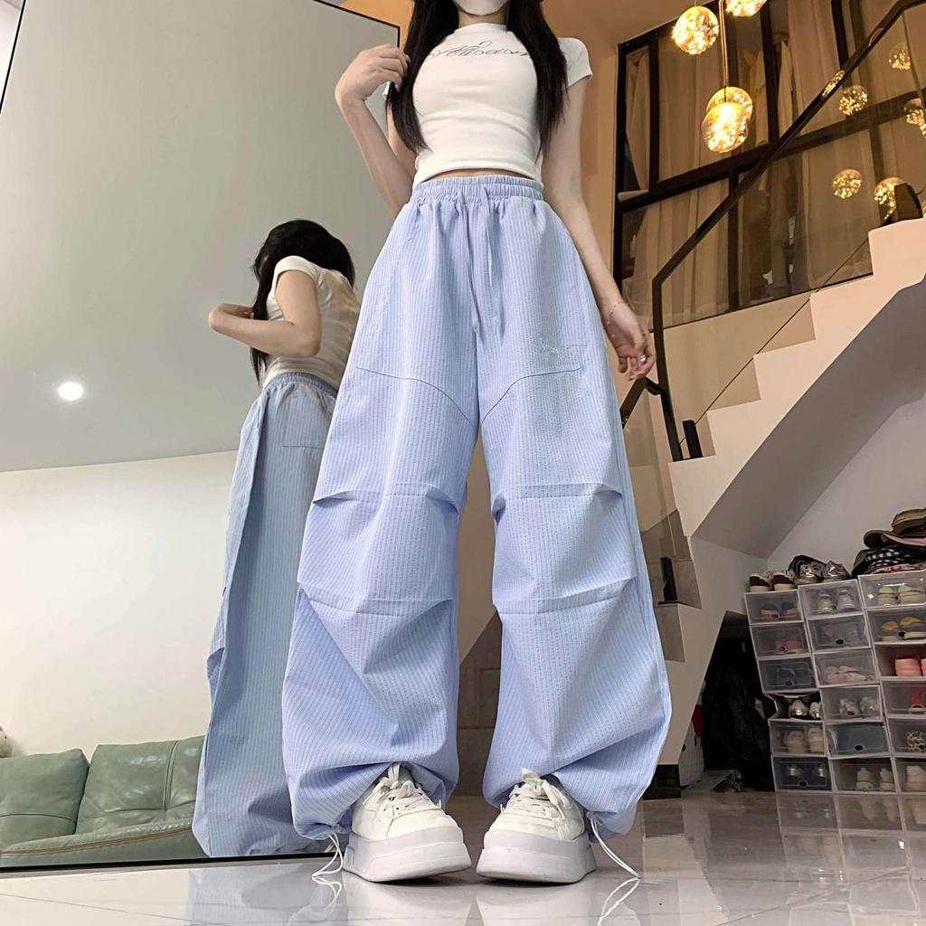 American Vintage Work Pants for Women Spring Summer Pleated Striped Drooping Machete style Pants, High Waist Wide Leg Trousers in Ins Style