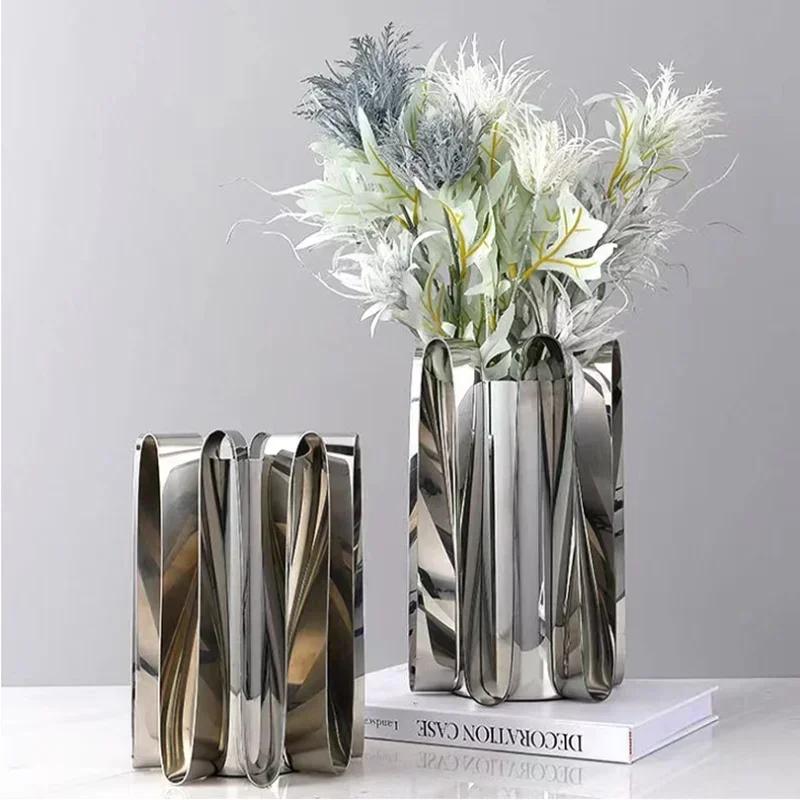 Geometric Curved Metal Vase, Desktop Decorative Ornament, Modern Stainless Steel Flower Arrangement, Room Aesthetic Decoration