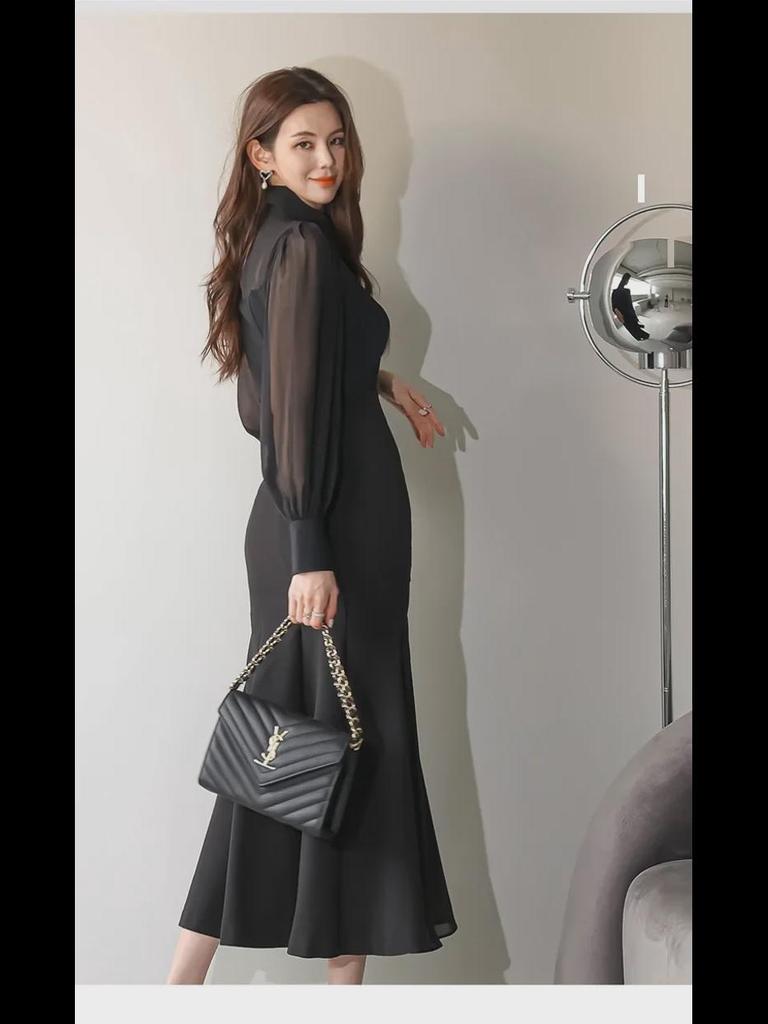 Korean Style Women's Autumn 2023 Slim Fit Ruffle Hem Dress