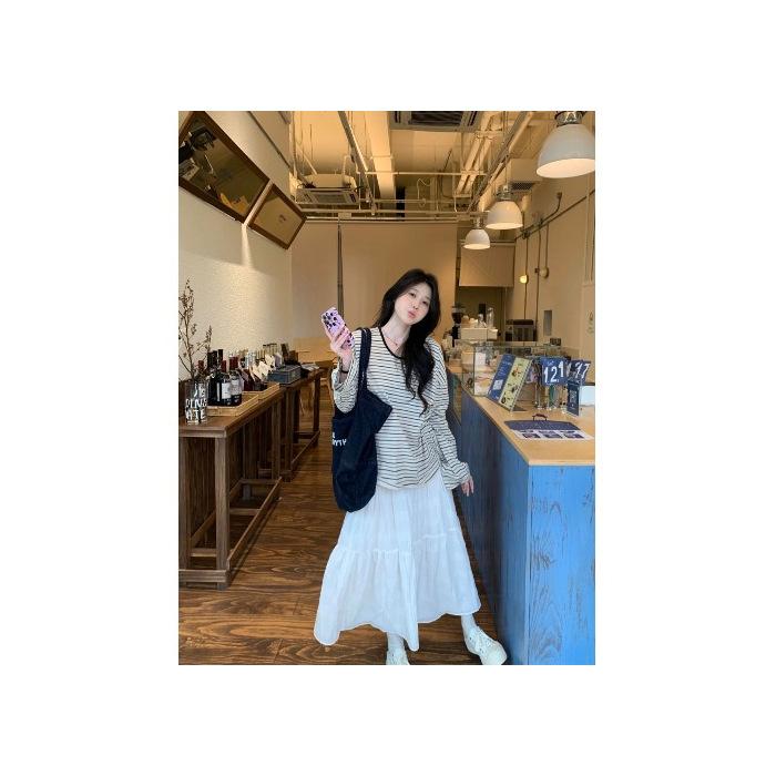 Korean oversize loose lazy striped slack long-sleeved T-shirt women s summer thin air-conditioning blouse top S