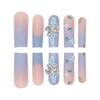 Long Blue Press-On Nails With Floral Bow Design Sparkly Glitter Sweet Cool Style Women