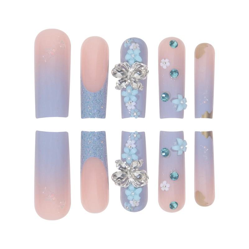 Long Blue Press-On Nails With Floral Bow Design Sparkly Glitter Sweet Cool Style Women