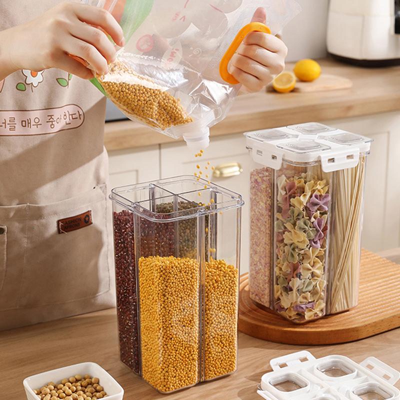 1pc Grain Storage Tank 4 Grids Grains Sealed Jar Large Capacity Transparent Rice Storage Container with Cup Kitchen Storage Jar