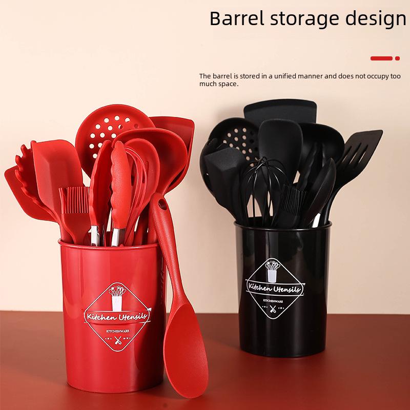 Silicone Kitchenware 13-Piece Set: Non-Stick Spatula, Drain Shovel, Spoon - Red and Black