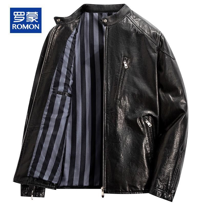 ROMON Men's Genuine Leather Stand-Collar Jacket