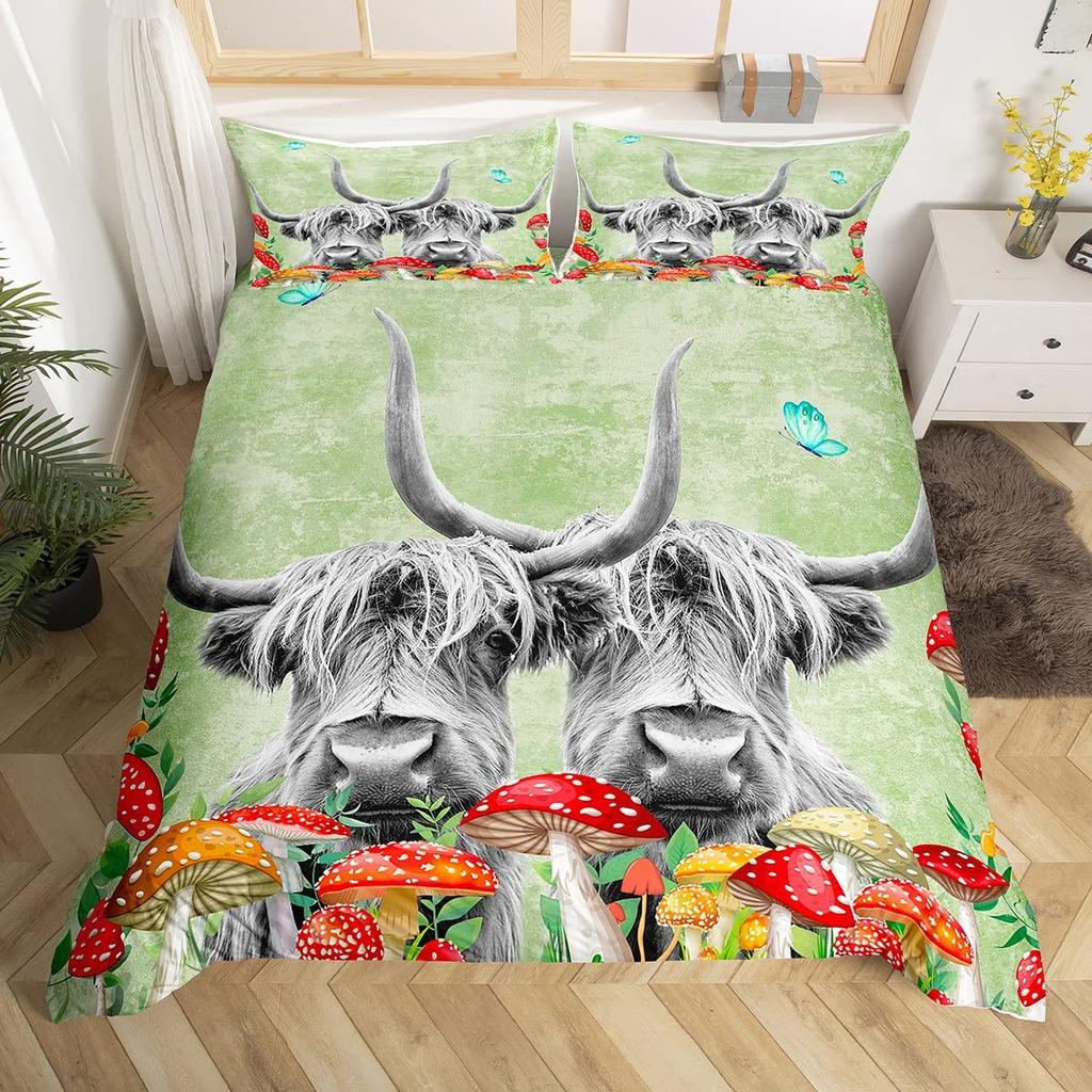 Kuh Bettbezug Set Twin King Size Bauernhoftier Bettwäsche Set Grüner Rankenblätter Druck Bettdeckenbezug Rustikale Holzbrett Steppdecke