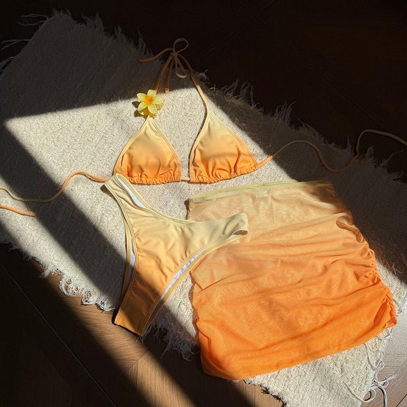 

Новый Сексуальный Купальник Бикини с Юбкой Градиентного Цвета на Бретелях через Шею Новый Женский Купальник Женский Купальный Костюм Набор Бикини из Трех Предметов Купальный Костюм L оранжевый