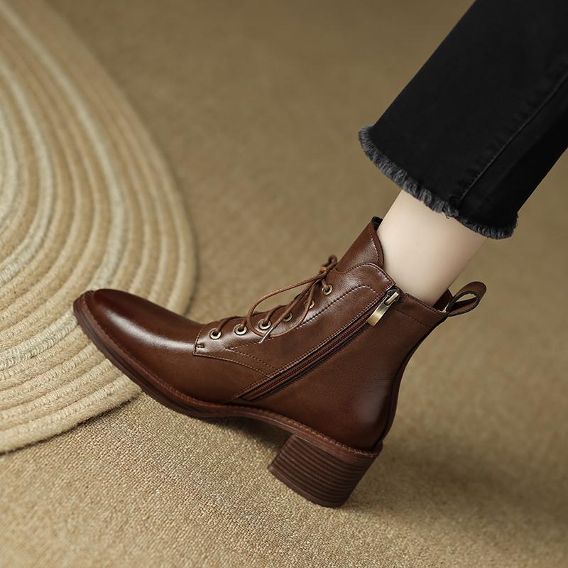 Dámské kotníkové boty Štípaná hovězí kůže Vysoké podpatky Zip Šněrování Černá Hnědá Gotické Elegantní Dámské kotníkové boty Vysoká kvalita Ručně vyráběné boty