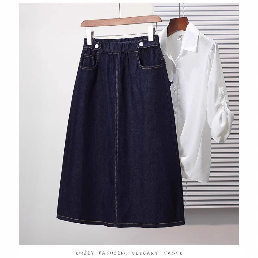 2025 Summer Fat Mm Large Size Elastic Waist Denim Medium and Long Skirt Elastic Loose and Thin A-word Skirt