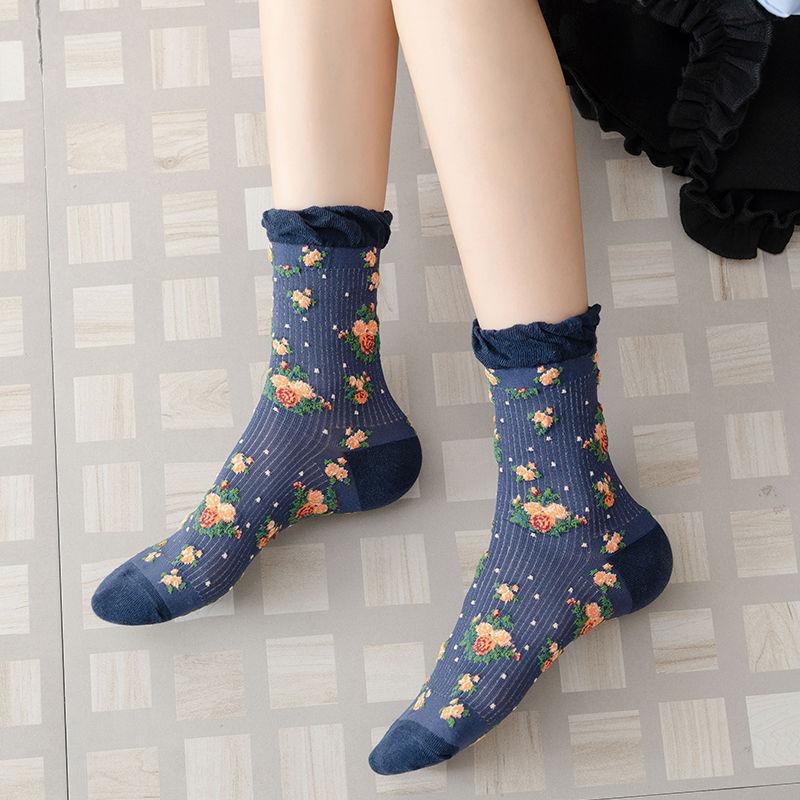 Women's Spring and Summer Thin Mid-calf Socks, Retro Floral Pile Socks, Lace Transparent Glass Fiber Socks
