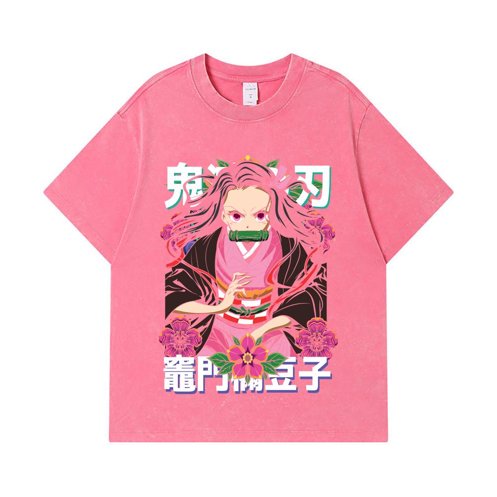 275 GSM Gewaschene T-Shirts 100% Baumwolle Demon Slayer V70 Nezuko Blumenprint Unisex Schweres Baumwoll-T-Shirt