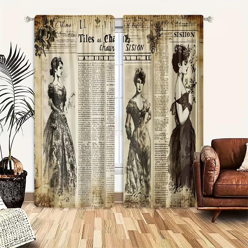 2PC Vintage Newspaper Victorian Lady Sheer Curtains - Retro French Fashion Print Window Drapes for Living Room Bedroom Decor