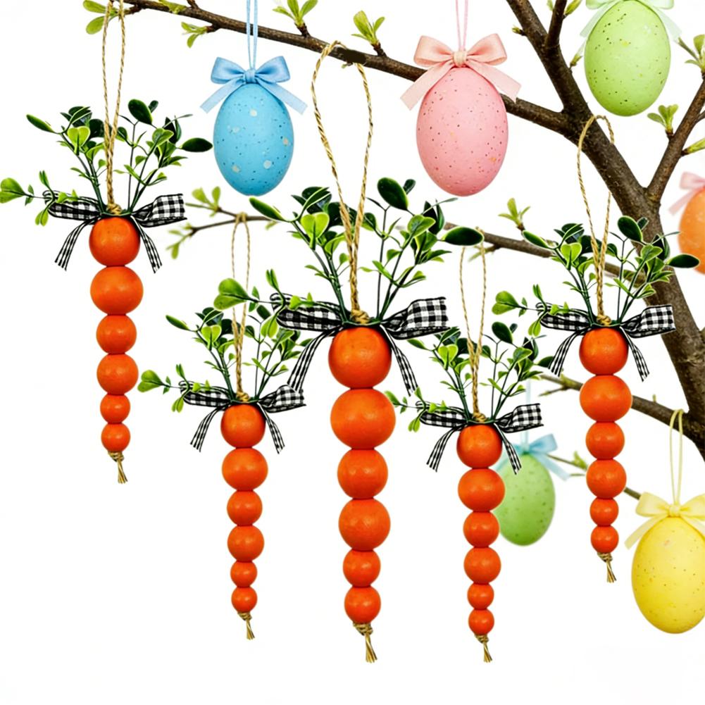 Wooden Easter Carrot Hanging Pendants With Bead String Ornaments For Spring Easter Party Farmhouse Home Decor Carrot Garland