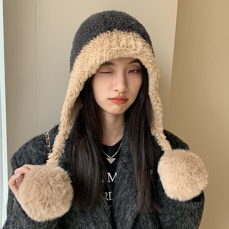 Großer Bommel Flauschiger Pelz Ohrenwärmer Mützen Mütze für Frauen Weiblich Weich Plüsch Winter Warm Gestrickt Plüschmütze Outdoor Schnee Ski Mütze