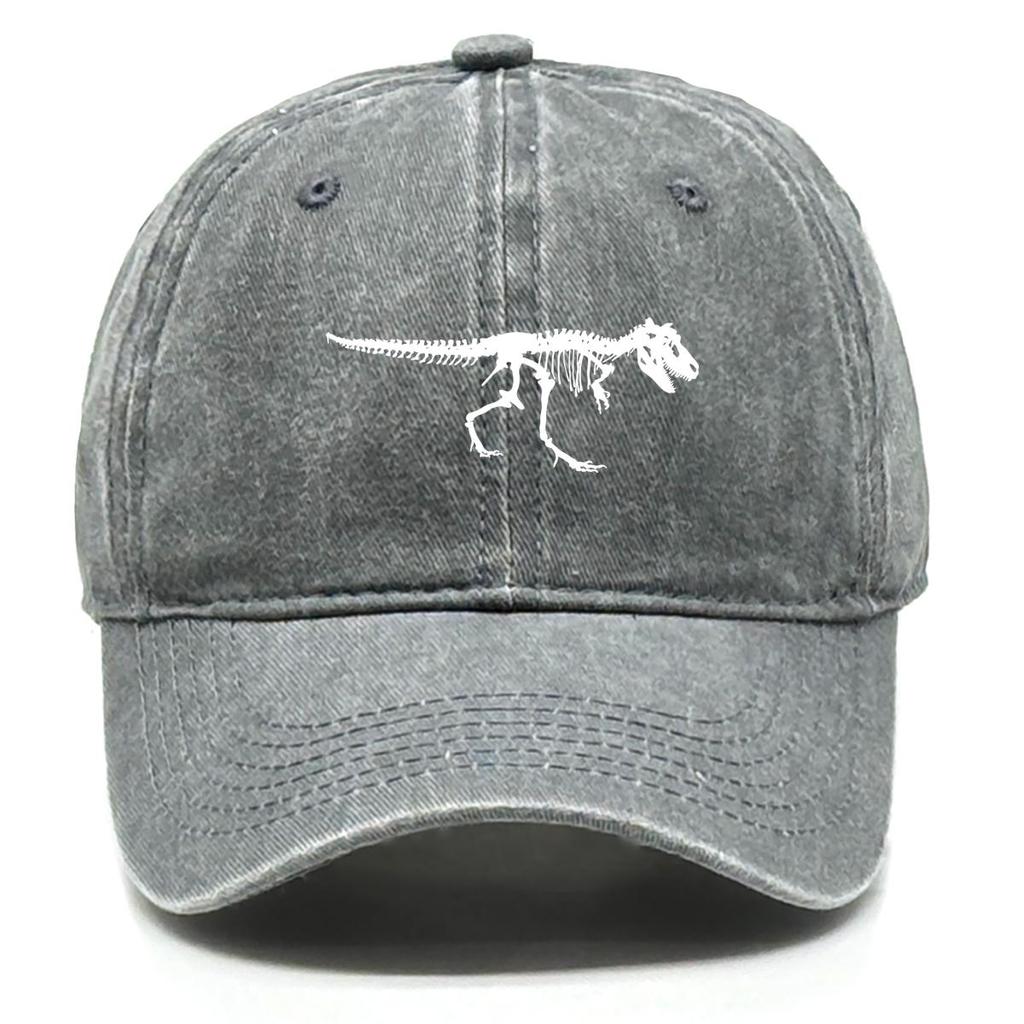 Skeleton Dinosaur Print Snapback Sun Hat, Animal Sports Hat Sun Protective Curved Brim Retro Solid Adjustable Baseball Cap