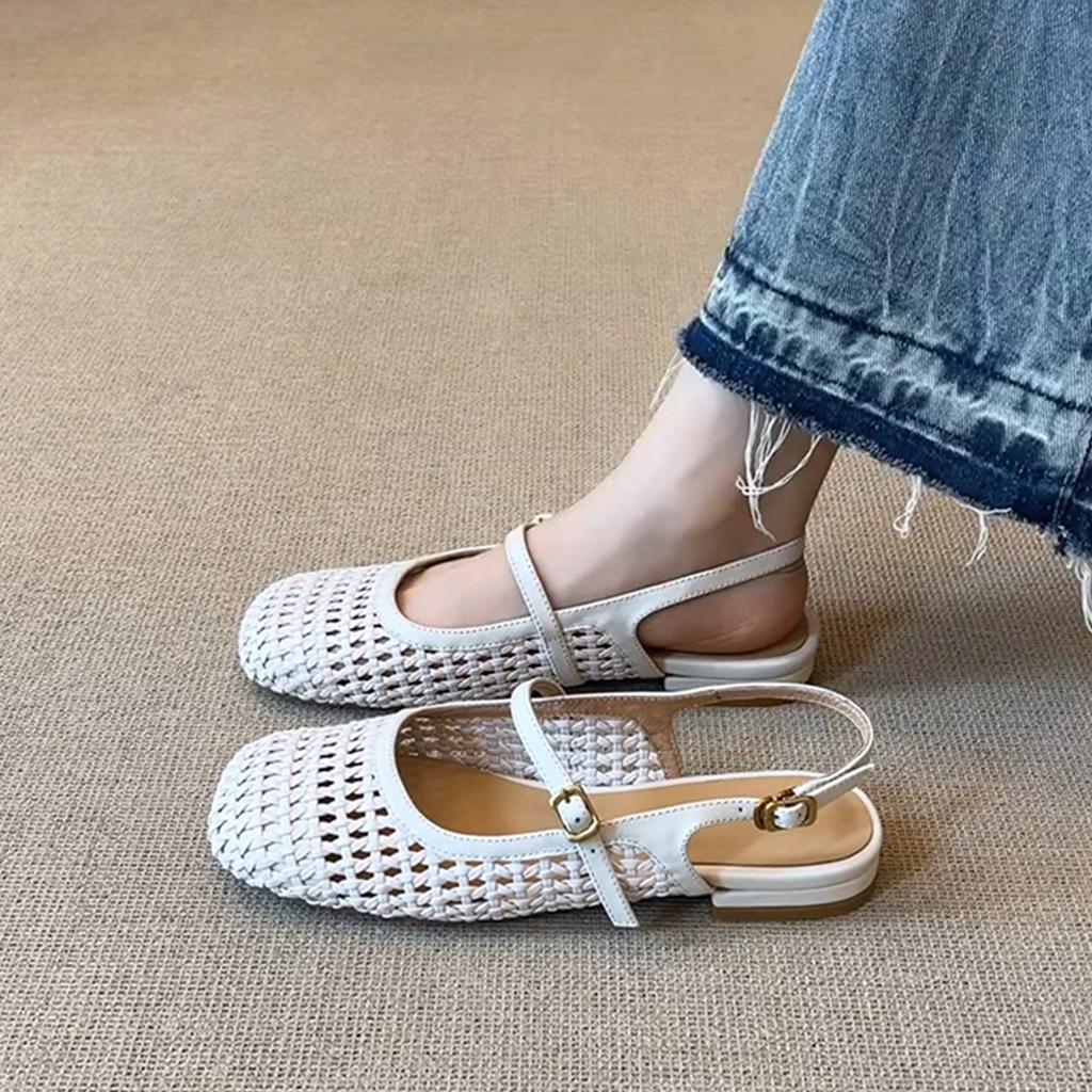 Sheepskin fashionable retro woven hollow breathable bag head sandals women's comfortable word with leather square head Roman shoes