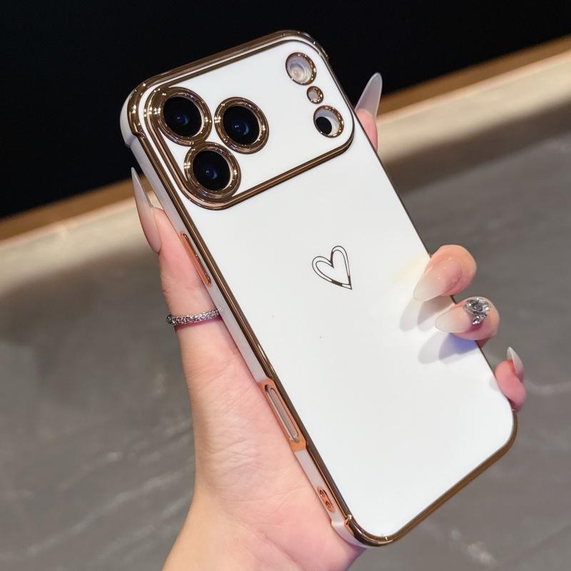 Luxury Plating Love Heart Phone Case For Apple iPhone 17 16 15 14 Plus 13 12 Mini Pro Max Air With Camera Lens Proteciton Cover