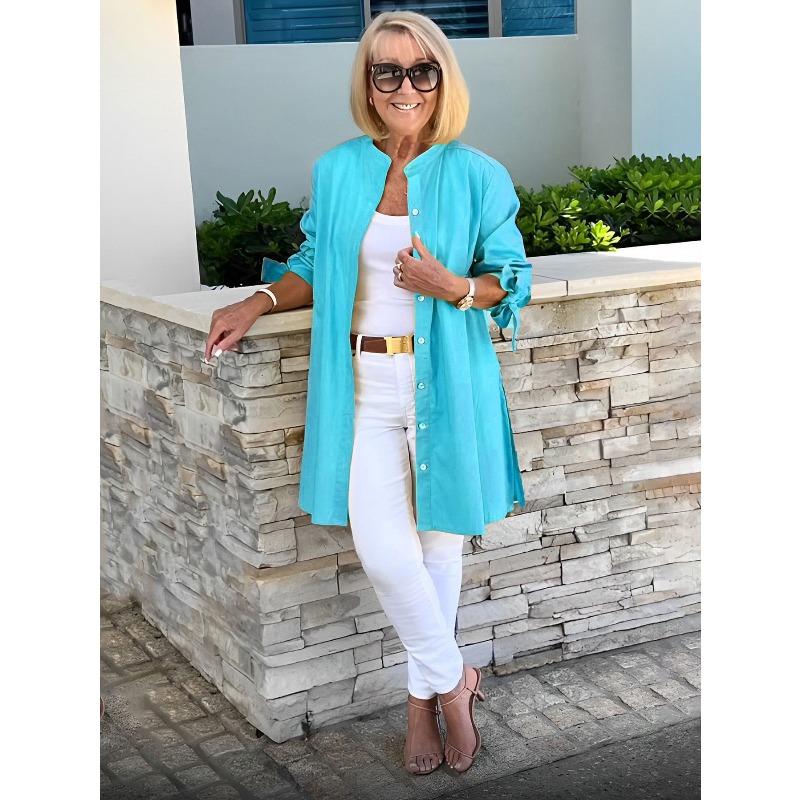 VEZFAA Kadın Modası Rahat İlkbahar Sonbahar Düz Renk Baskılı Uzun Kollu O-Yaka Bluzlar ve Gömlekler