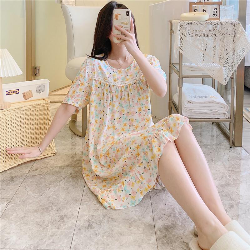 1011 new pajamas women's cotton and silk round neck loungewear thin fashion home artificial cotton and silk nightgown can be worn outside