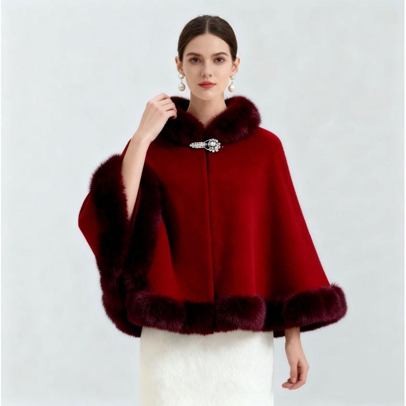 Cardigan Cape en Maille Oversize pour Femme avec Col en Fausse Fourrure Manteau Châle Chaud d'Hiver