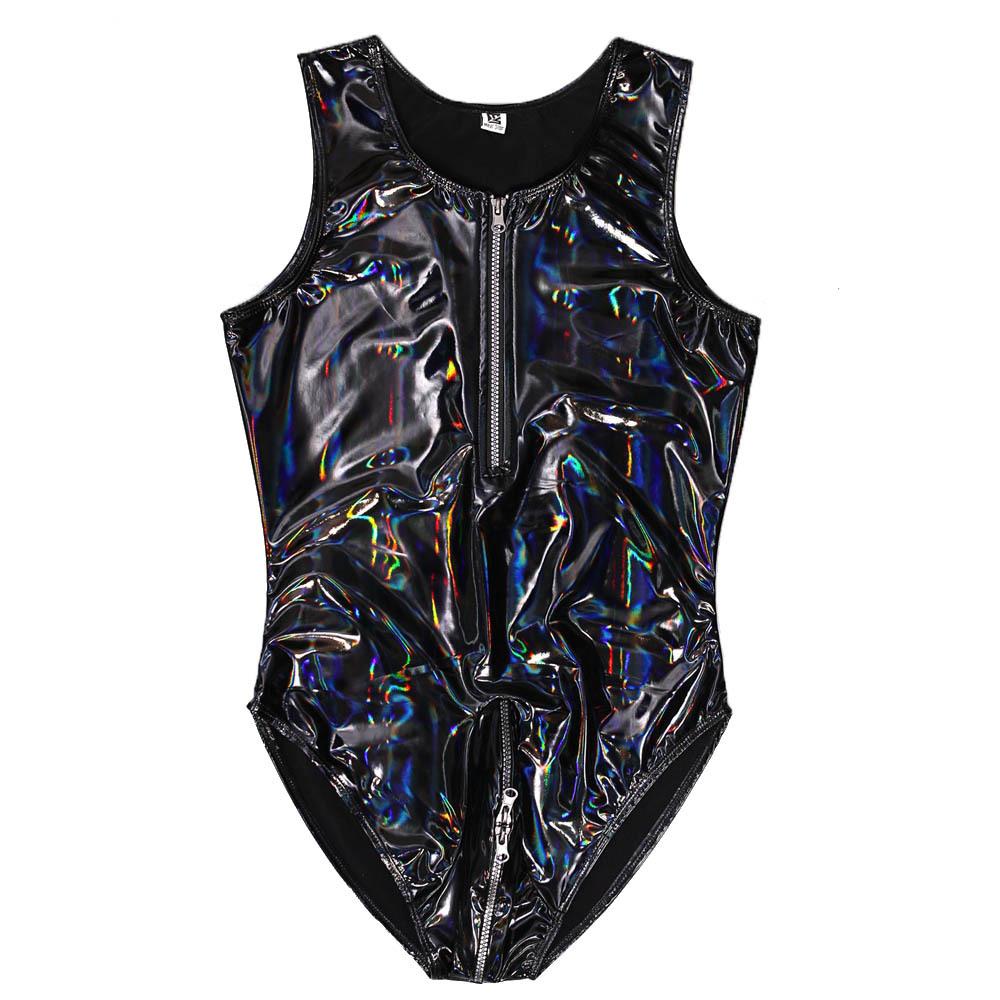 Men's Sexy Bodysuits Solid Color Shiny One-Piece Vest Zipper Tight-Fitting Shapewear Nightclub Dancing Erotic Clothes