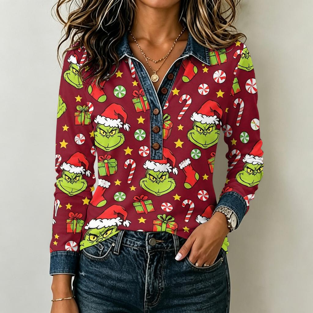 Women's Casual Long Sleeve Top Loose Fit Stylish Color Block Patchwork Shirt Comfortable Everyday Blouse