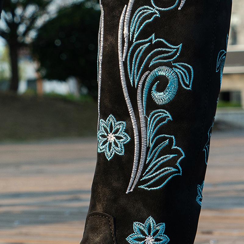 Retro Damenstiefel Mode Damen Ritterstiefel Bestickte Langschaftstiefel Western Cowboy Wasserdicht Kältebeständig Designerschuhe