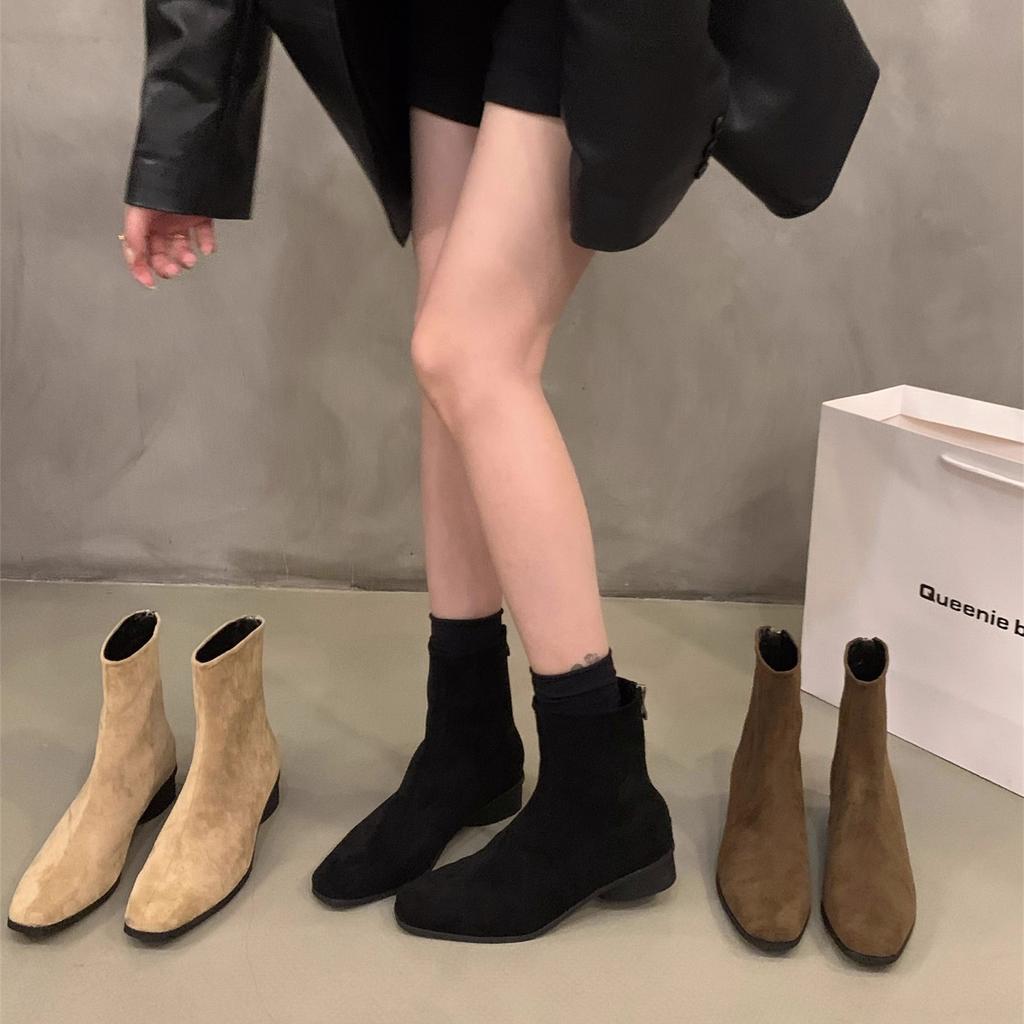 Thick Heel Square Head Korean Small Ankle Boots Women's Shoes 2025 New Spring, Autumn and Winter Velvet Thin Short Boots Martin Boots