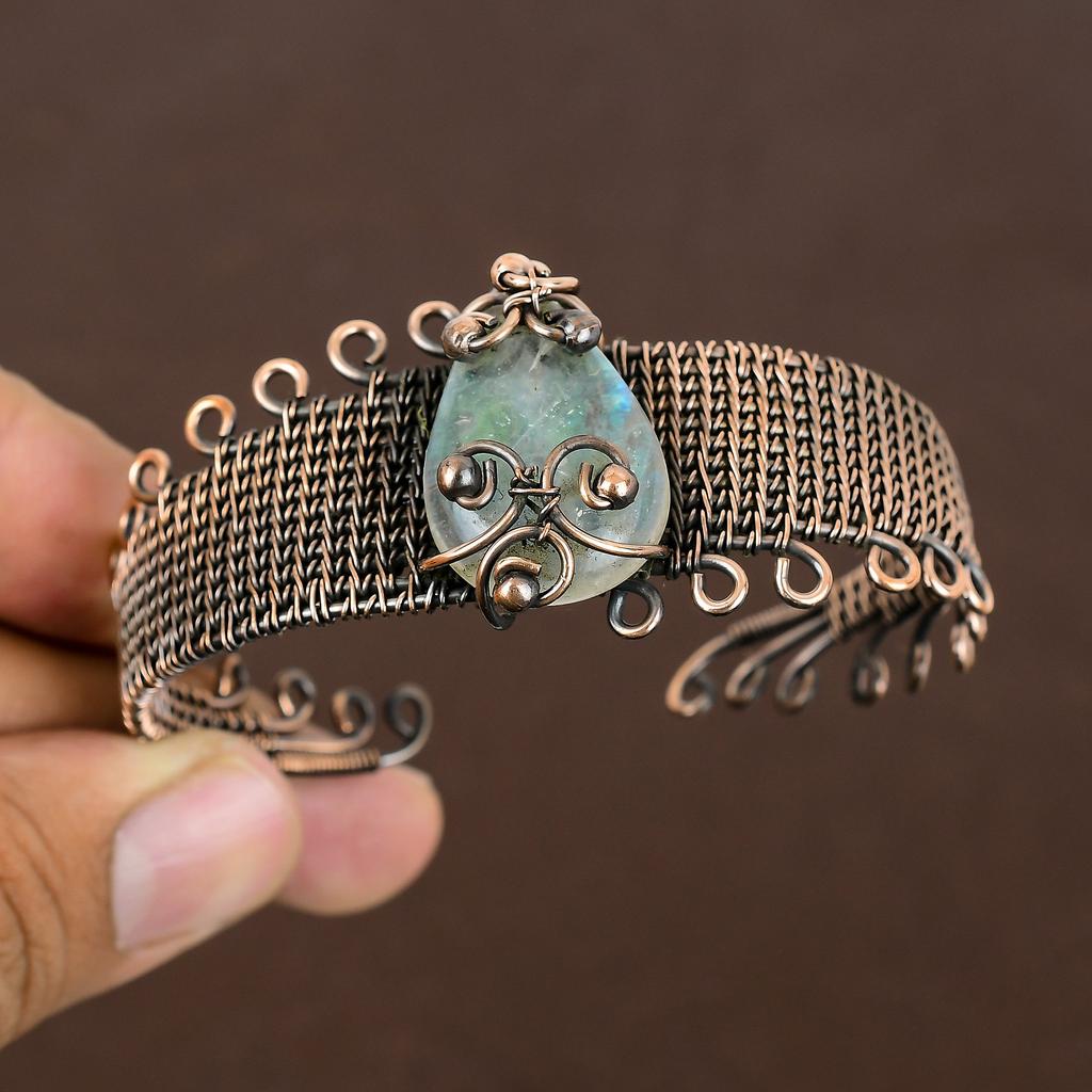 Natural Rainbow Moonstone Handmade Copper Wire Wrap Bangle Adjustable v4B00