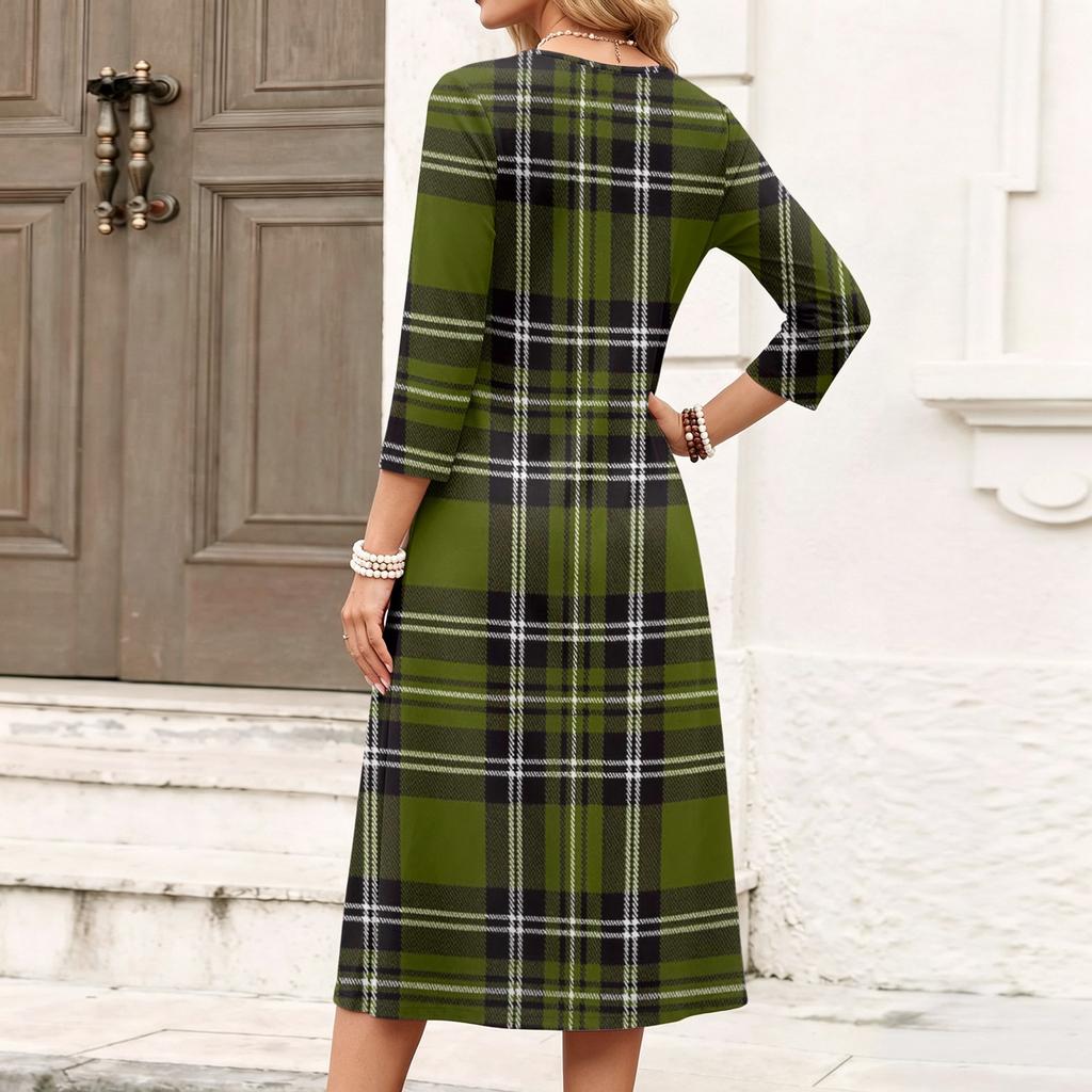 Lässiges Damen-Karo-Kleid mit V-Ausschnitt und Dreiviertelärm