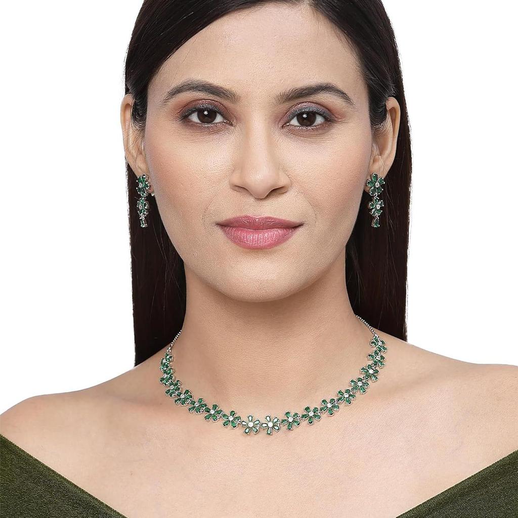 Rhodium Plated Silver Toned White American Diamond Studded Flower Shaped Jewellery Set For Girls and Women