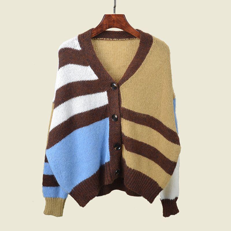 Korean Series Loose Version Fashion Color Matching V-neck Retro Button Outdoor Sweater Preppy Stripe Mohair Cardigan