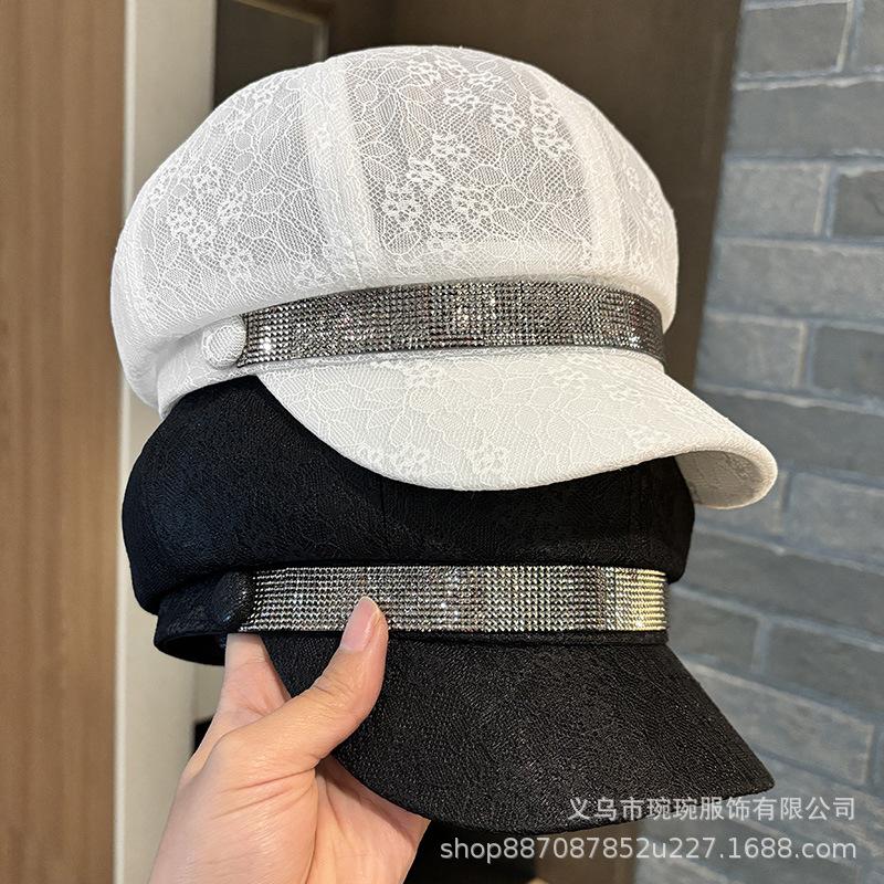 New Lace Breathable Octagonal Hat Children's Spring and Summer Rhinestone Belt Personalized Versatile Retro British Painter Hat