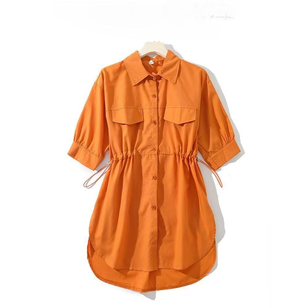 Summer Fashion Essential: Women's Mid-length Shirt Dress with Drawstring Waist and Flowy Hem, Casual and Chic