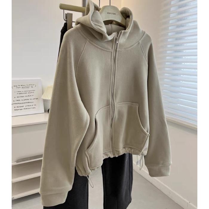 

Australian Velvet Plus Size Hooded Cardigan: Winter Solid Color Double-Sided Zipper Casual Women s Jacket 2XL хаки
