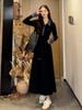 Black splicing Polo neck knitted dress women's autumn and winter long-sleeved waist skirt retro temperament a-word long dress
