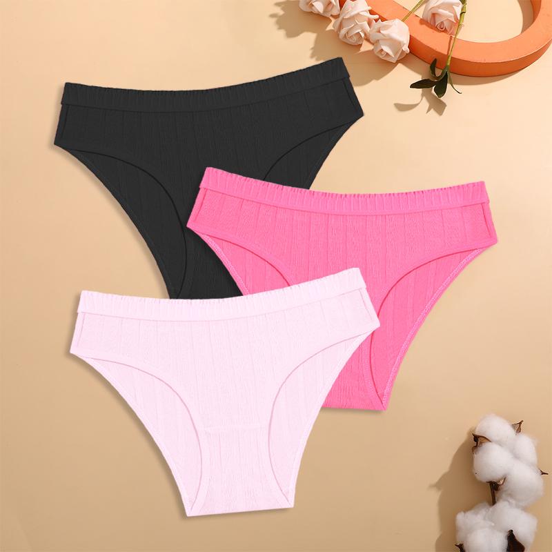 FINETOO 3Pcs/Set Cotton Striped Stretchy Underwear Women's Low Waist Panties Sexy Elastic Wide Belt Solid Color Briefs Comfort Lingerie