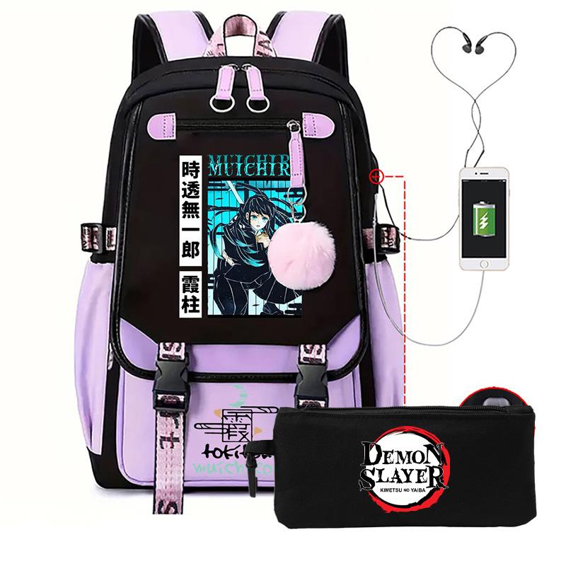 Two-dimensional peripheral day man ghost extinguishing backpack pencil bag large capacity student leisure schoolbag with USB port
