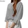 ZANZEA Women Casual Round Neck 3/4 Sleeve Loose Stripe Blouse