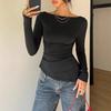 Women's Black Lace Backless Long Sleeve Top Bow Tie Slim Fit Casual Blouse