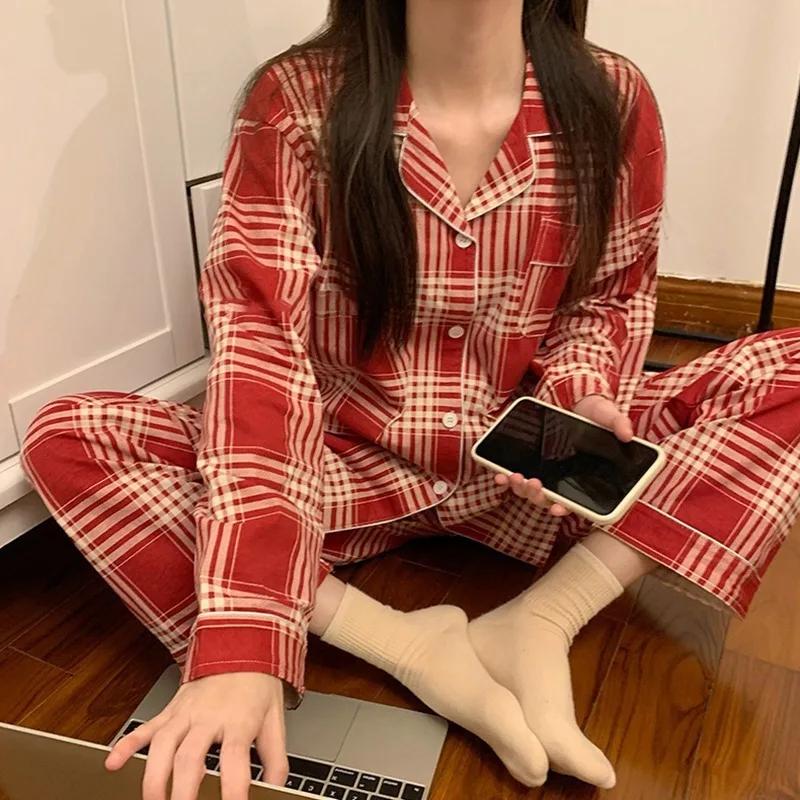 Pajamas Women's Autumn Winter Long Sleeve Long Pants Plaid Cardigan Vintage Red Plaid Wearable Lounge Set Women's University