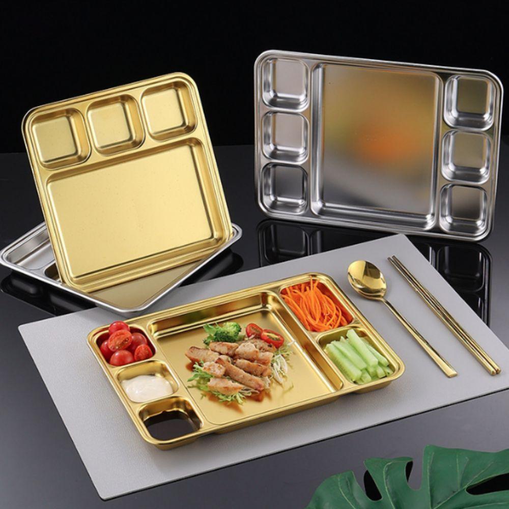 Multi-Compartment Stainless Steel Divided Meal Tray Rectangular Food Serving Plate Kitchen