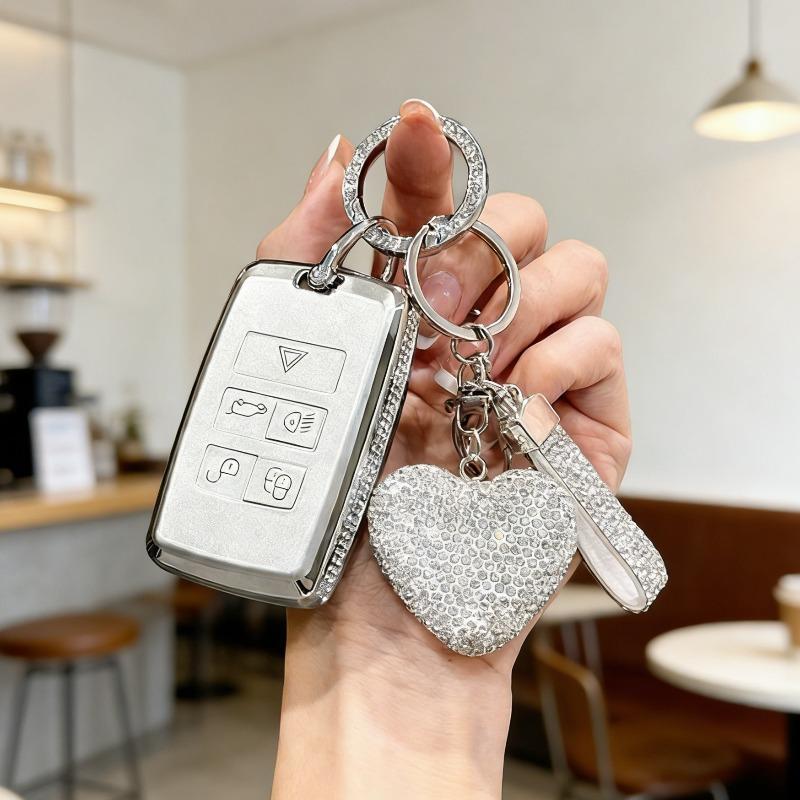 [ Side Diamonds ] 4 Buttons TPU Car Key Case Cover Shell Fob for Jaguar XE XF F-PACE & Land Rover Range Rover Evoque Discovery S