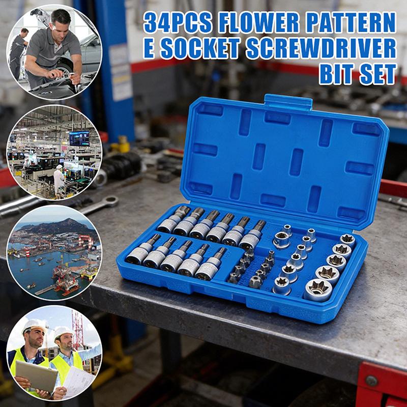 34-Piece Flower Pattern E-Type Socket Screwdriver Bit T-Type Press Bit Auto Repair Hardware Tool Set