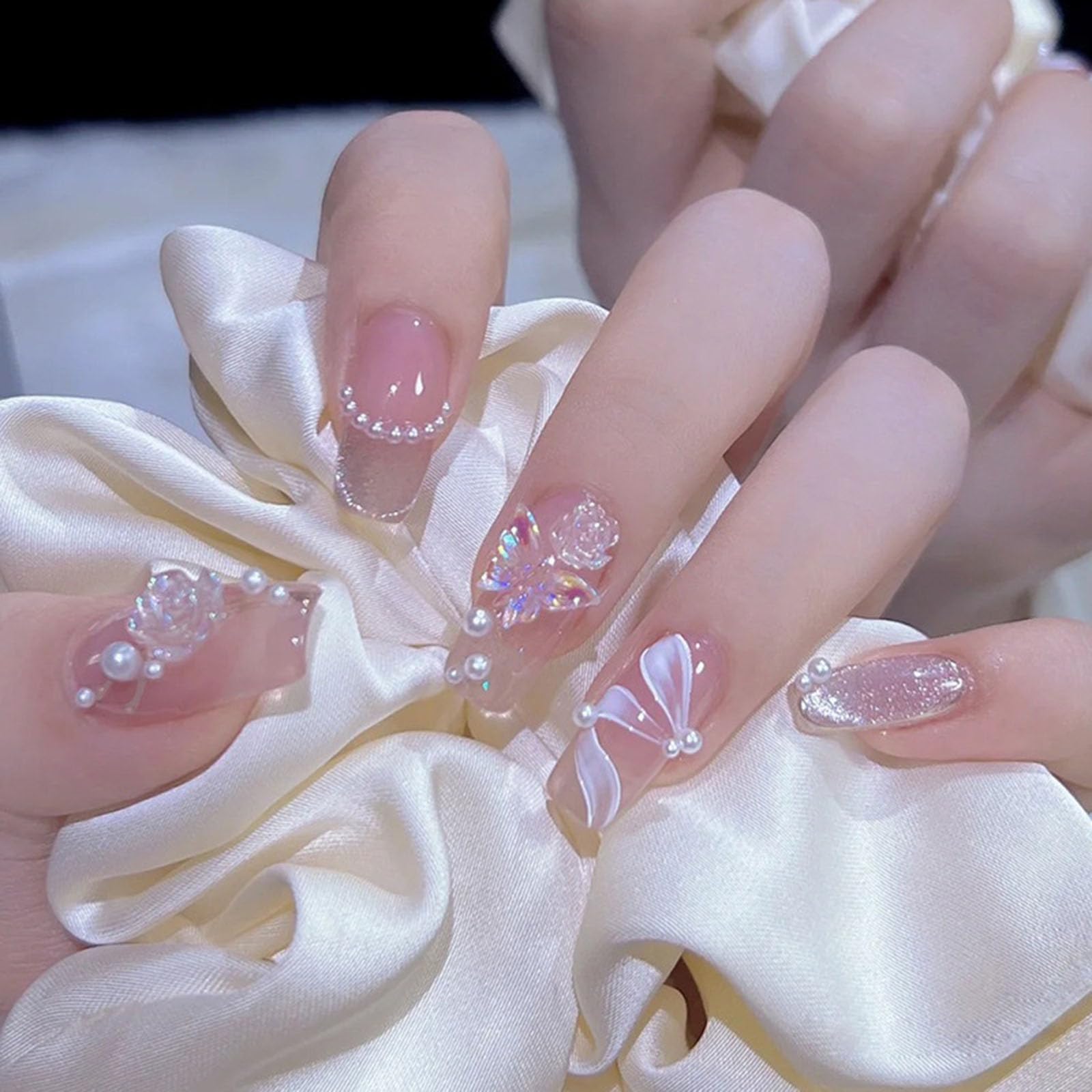 

Набор из 24 ногтей, длинные накладные ногти в виде галстука-бабочки, 3D-ногти, японские накладные ногти для невесты, используемые для совершеннолетия, входа, выпускного, ежедневно, в комплекте с 48 лентами