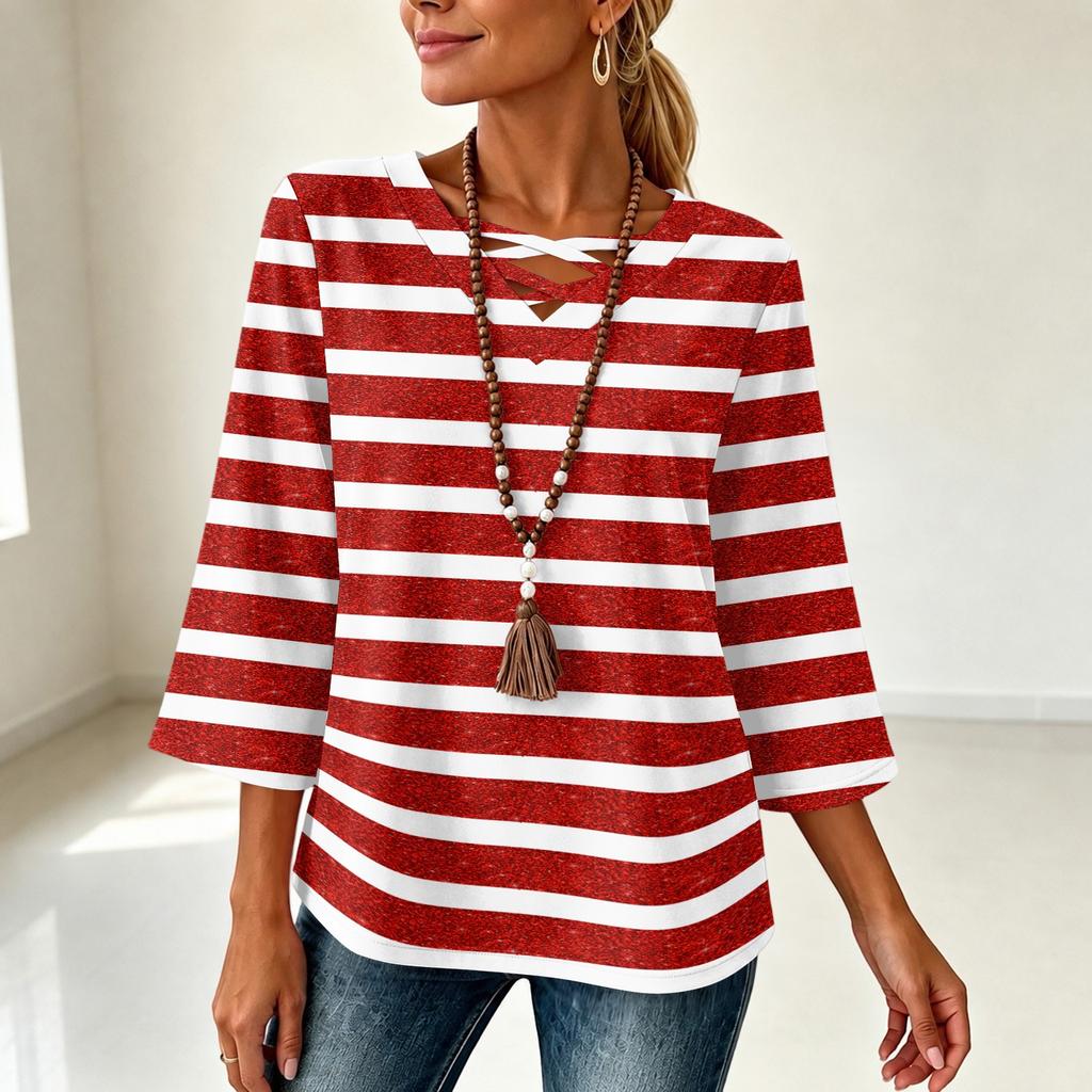 Damen V-Ausschnitt Dreiviertelarm Gestreift Locker Sitzendes T-Shirt