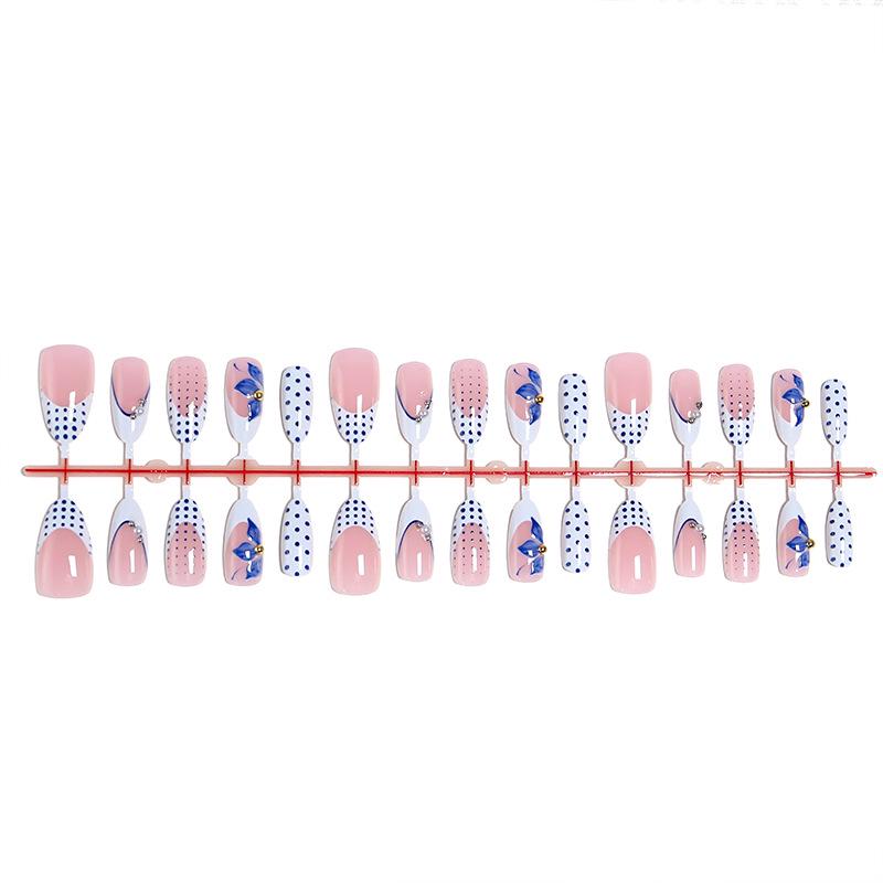Wearable 3D Floral Almond Shape Fake Nails with Blue Polka Dots