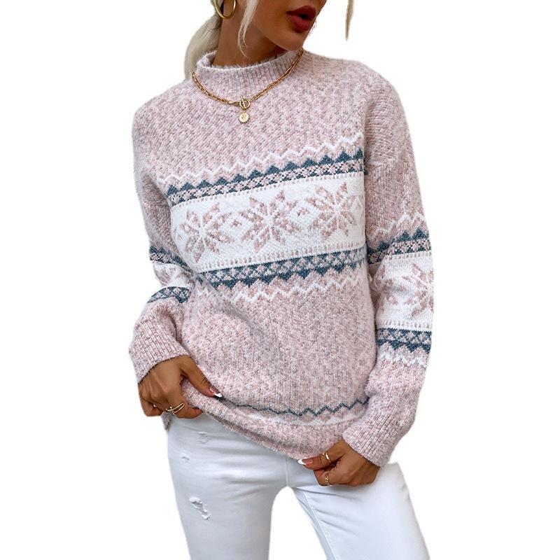 New Women‘s Christmas Snowflake Pattern Half High Neck Sweater, Cozy Warm Knit Pullover for Autumn Winter Holiday Fashion