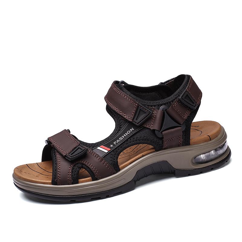Men s Plus Size Hand-stitched Cowhide Beach Sandals with Air Cushion Size 39